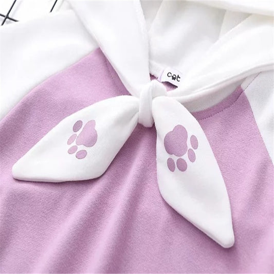 Kawaii Purple Patchwork Paw Print On Neck Line