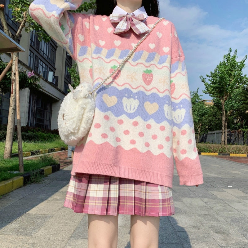Kawaii Strawberry Pastel Knit Sweater
