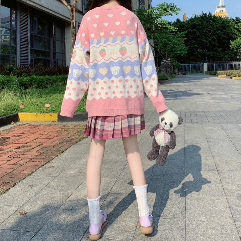 Back View of Kawaii Kawaii Strawberry Pastel Knit Sweater