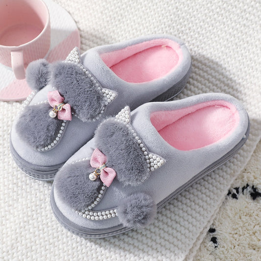 Kawaii Grey Cat Pearls Slippers