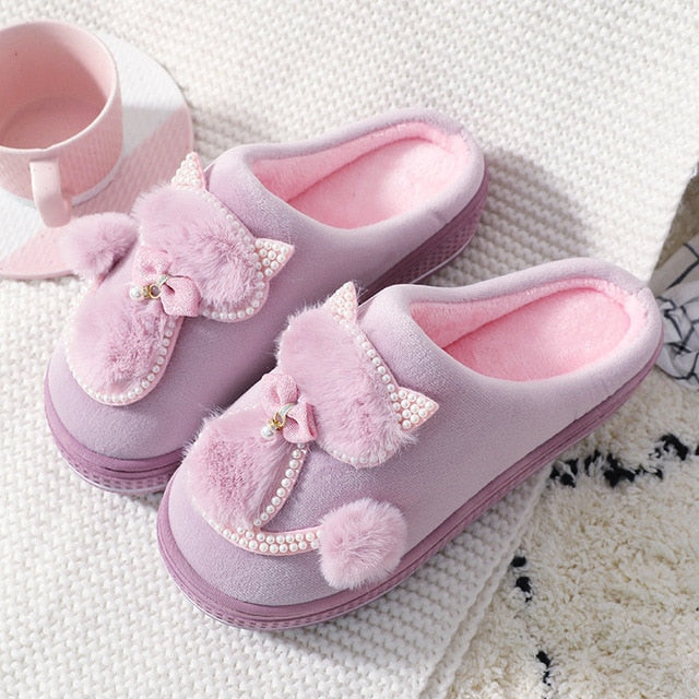 Kawaii Purple Cat Pearls Slippers
