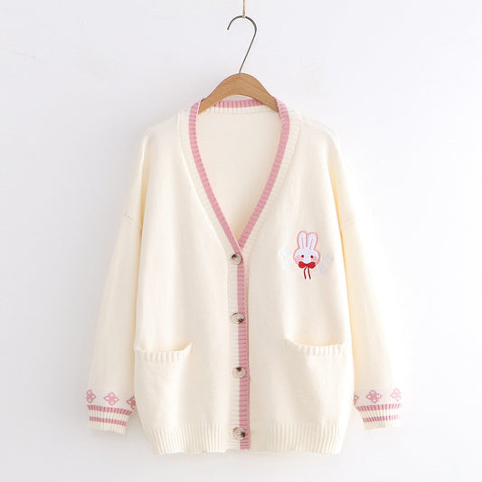 Kawaii Cream Colored Bunny Embroidered Cardigan