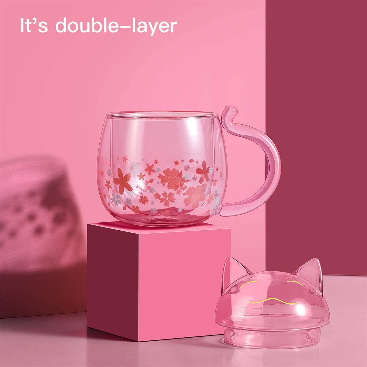 Kawaii Sakura Cat Glass Cup With Lid Off