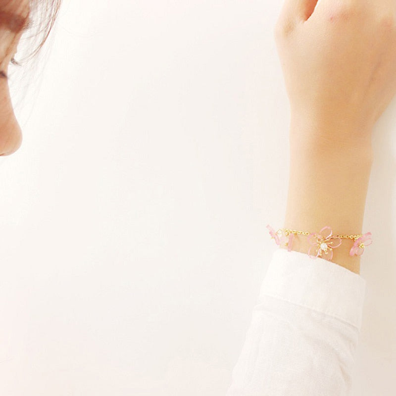 Model Wearing Our Pink Cherry Blossom Crystal Bracelet