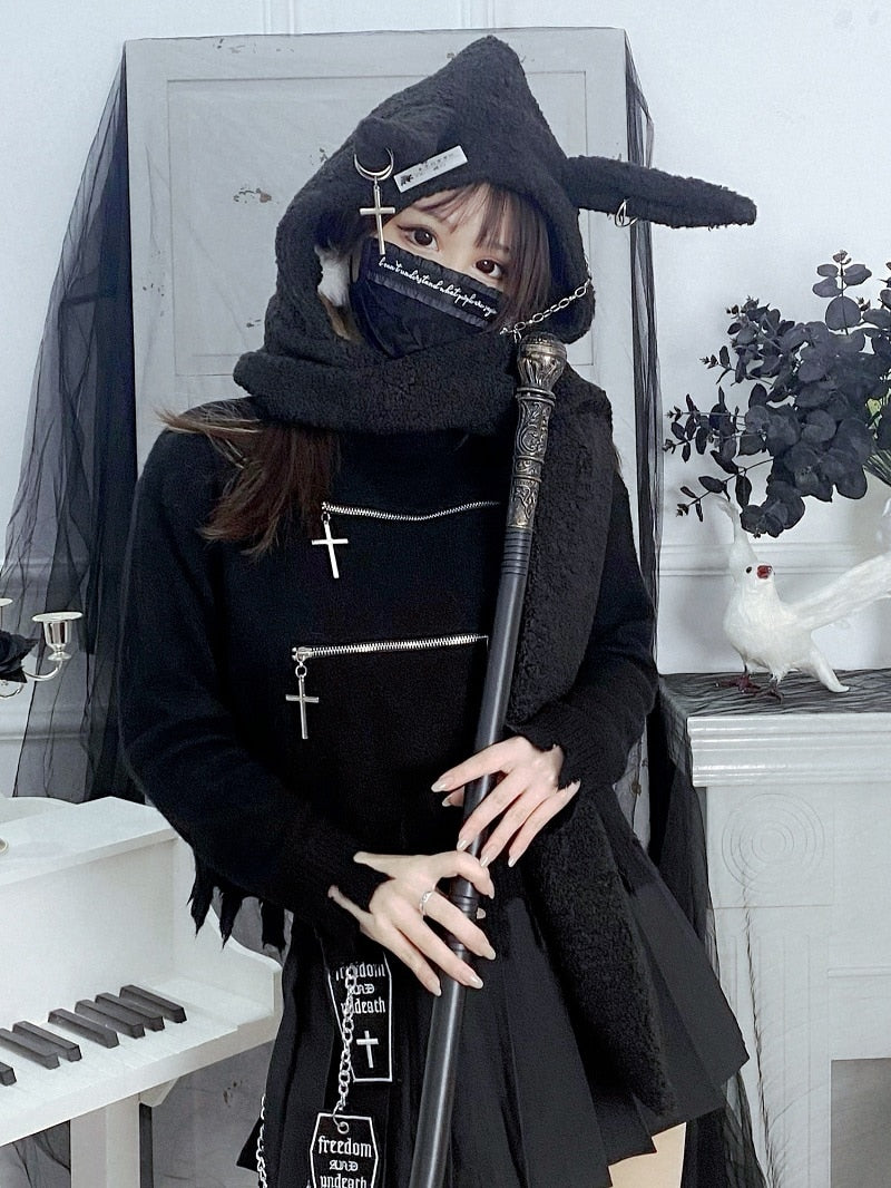 Model Wearing Kawaii Gothic Bunny Hooded Scarf