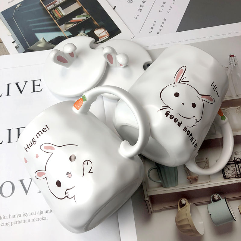 Kawaii Ceramic Bunny Mug with Lid and Spoon