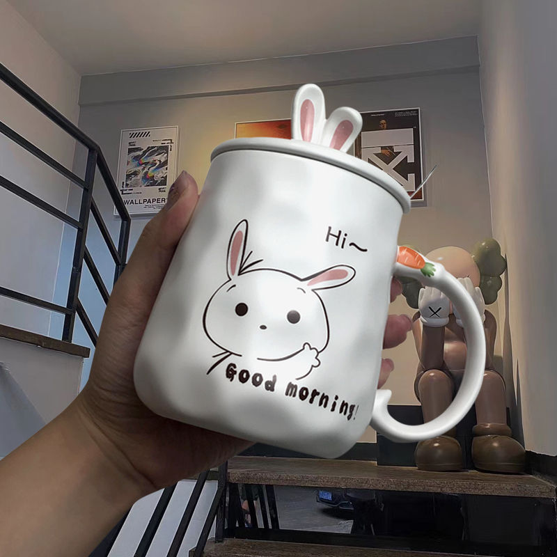 Kawaii Ceramic Bunny Mug with Lid and Spoon