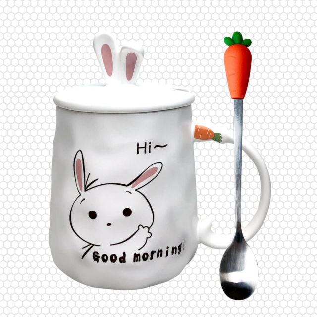Kawaii Ceramic Bunny Mug with Lid and Spoon