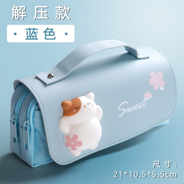 Kawaii Blue Sakura Cat Pencil Bag