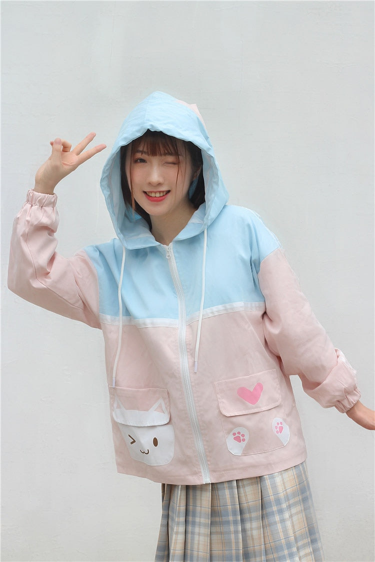 Model Wearing Pink and Blue Pastel Neko Hoodie
