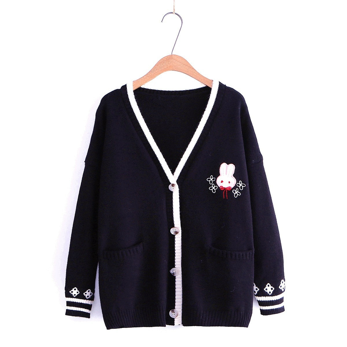 Kawaii Bunny Black Embroidered Cardigan