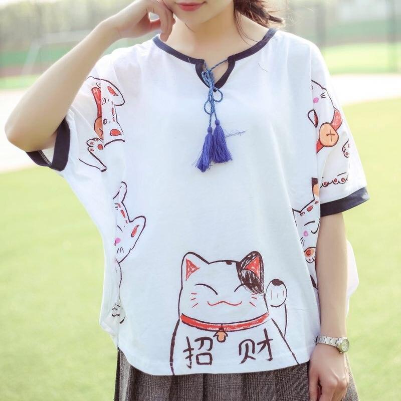 Model Wearing White Maneki Neko Shirt