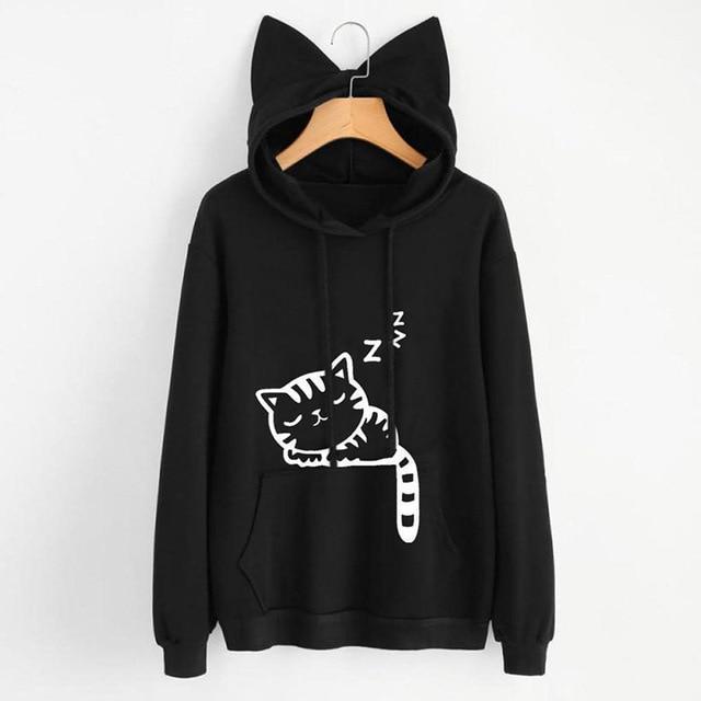 Kawaii Black Sleeping Cat Hoodie with Ears