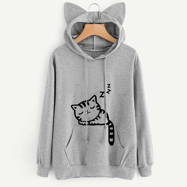 Kawaii Grey Sleeping Cat Hoodie with Ears