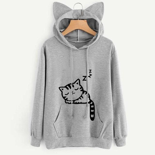 Kawaii Grey Sleeping Cat Hoodie with Ears
