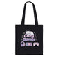 Black tote bag with 'Cozy Gamer' design featuring a cat, gaming console, and controller on a white background.