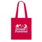 Red tote bag with kawaii moon and star design and 'Dream Powered' text on a white background