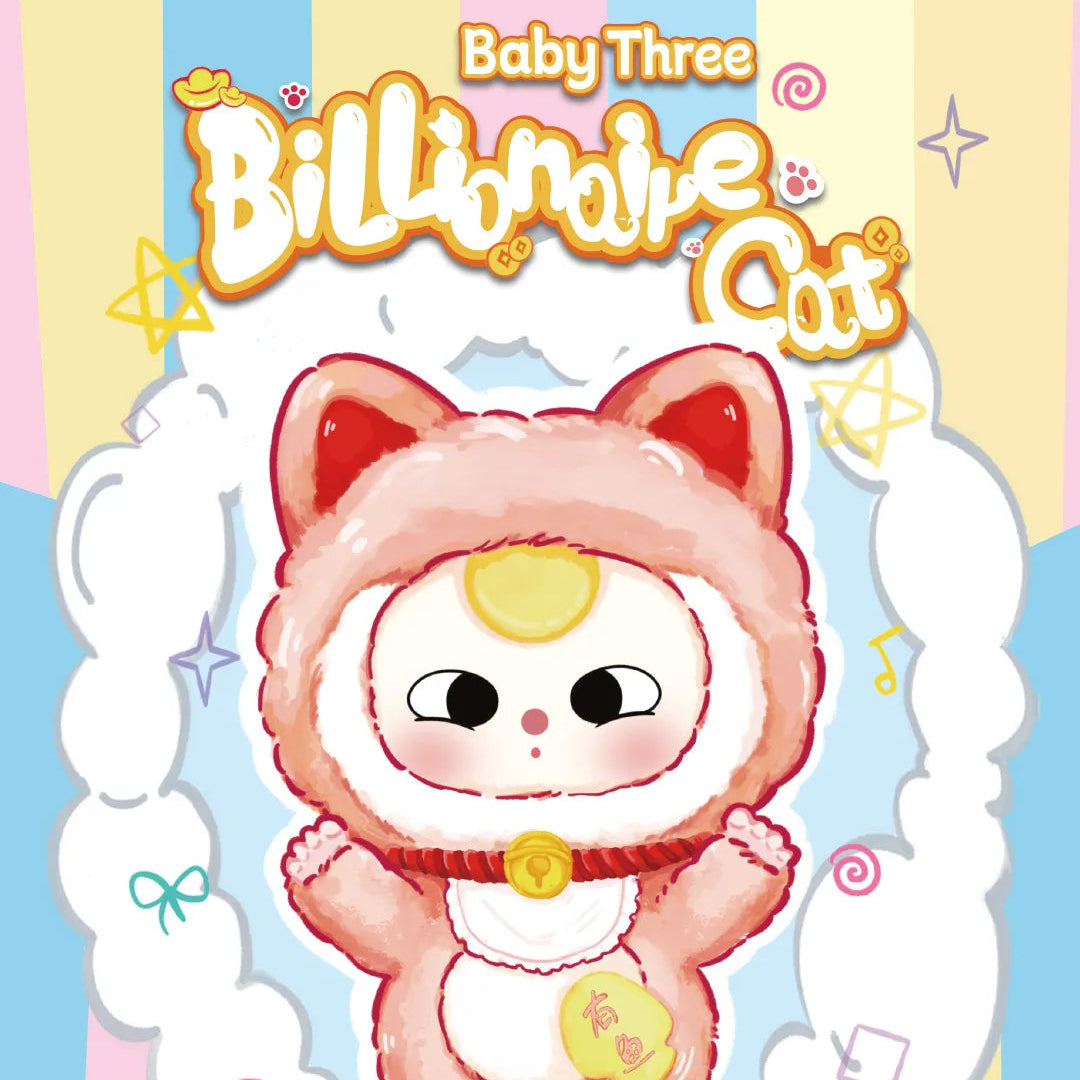 Cartoon character in a pink outfit with 'Baby Three Billionaire Cat' text on a colorful background