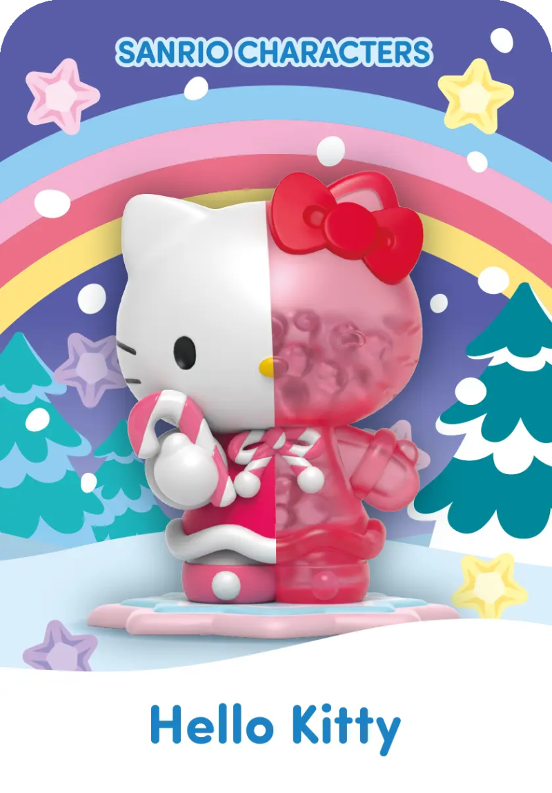 Sanrio Snowy Dreams Blind Box, Hello kitty figurine displayed on a colorful cartoon background