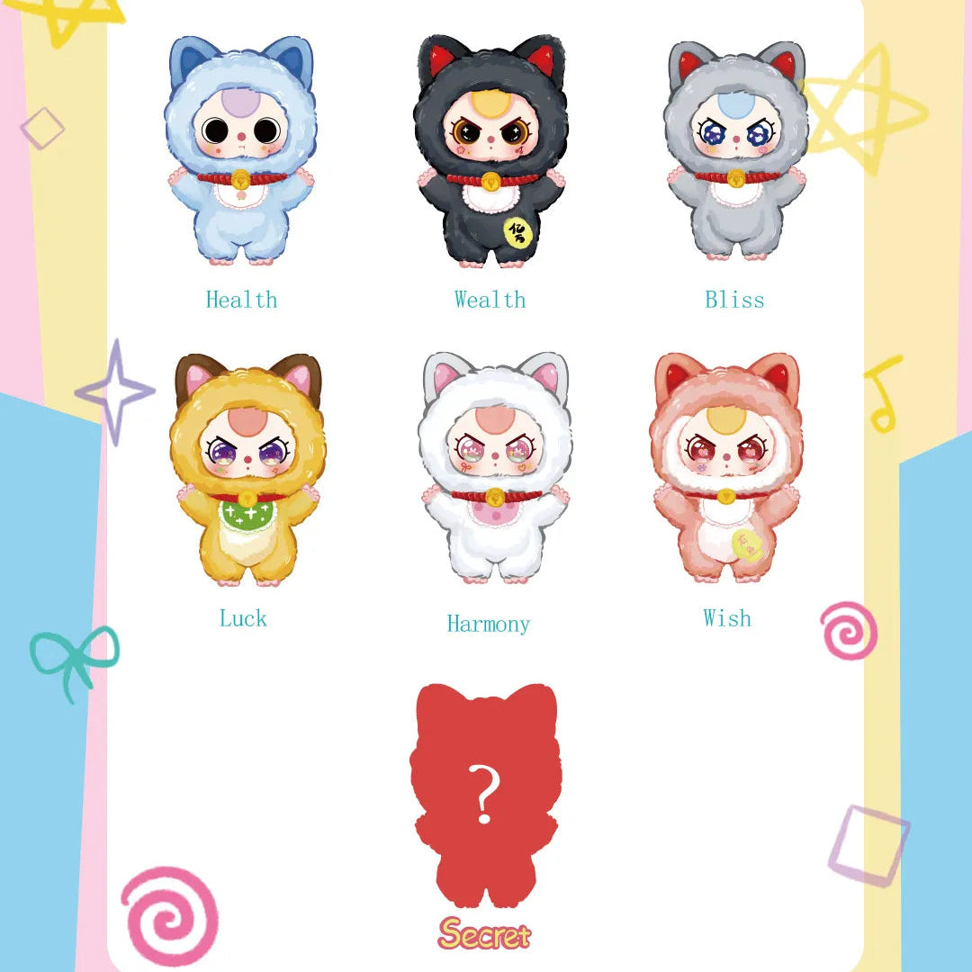 Set of cute animal-themed figurines with labels on a colorful background