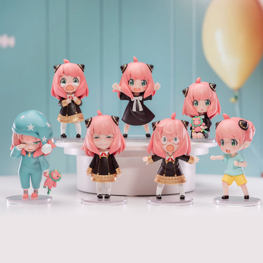 POPMART Spy × Family Anya's Daily Life Series Blind Box, this image is displaying all the figures you can get in the blind boxes, shown on a blue background.