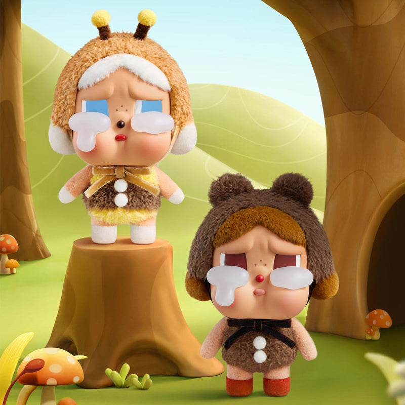 Crybaby blind box figures in a wooded setting