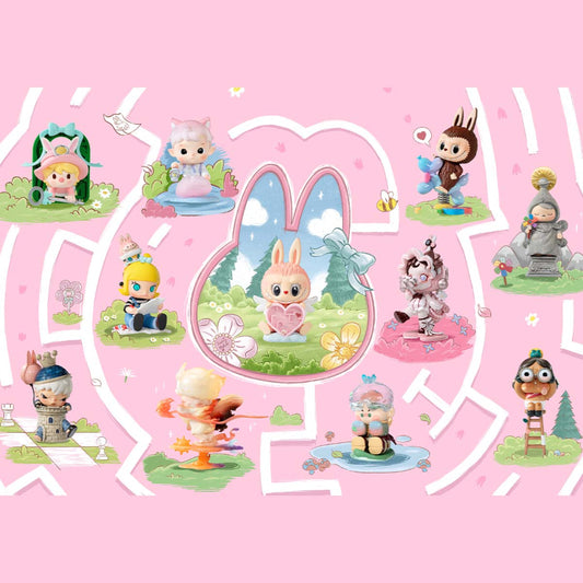 Cartoon character figurines on a pink background with a central mirror-like design.