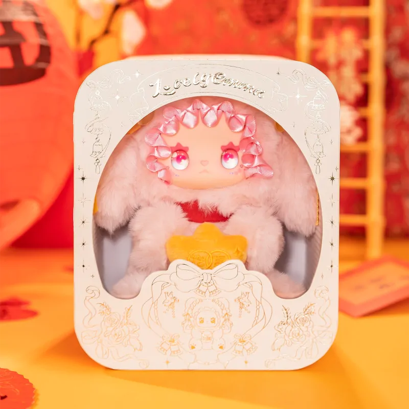 Plush toy in a decorative box with a festive background