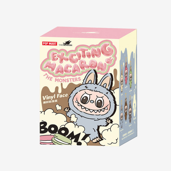 Box of 'Exciting Macaron The Monsters' vinyl figure with cartoon character on a white background