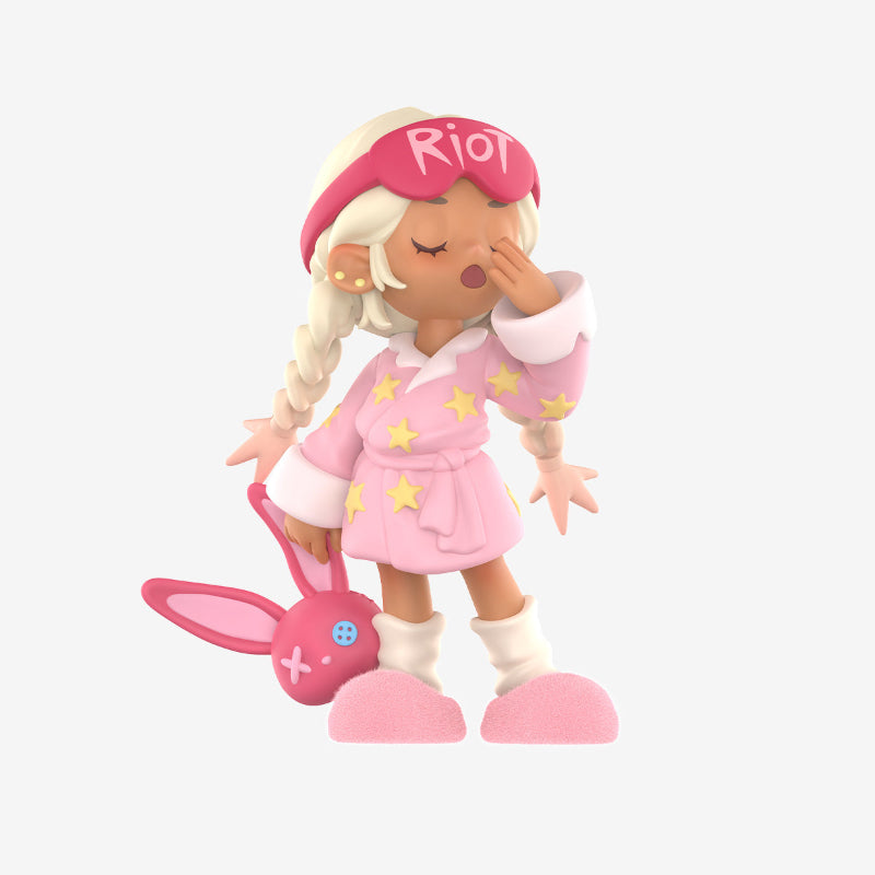 Toy figure of a character wearing a pink outfit with star patterns, holding a pink bunny toy, on a white background.