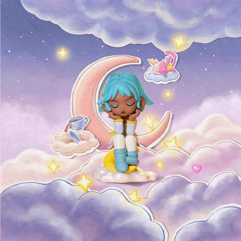 Cartoon character with blue hair sitting on a cloud with a crescent moon, surrounded by stars and hearts.