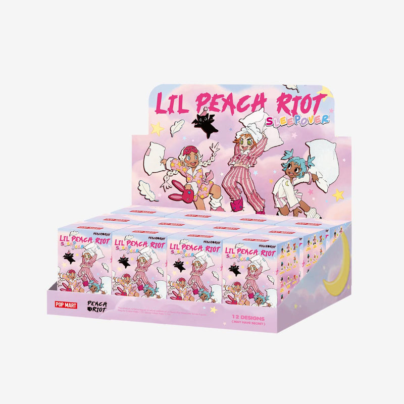 Display box of 'Lil Peach Riot' toys with colorful packaging and character illustrations on a white background.