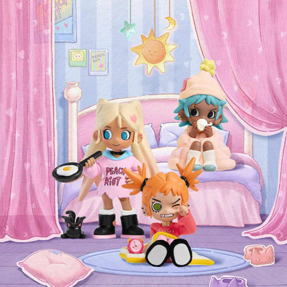 Cartoon characters in a bedroom setting with pink curtains and a bed.