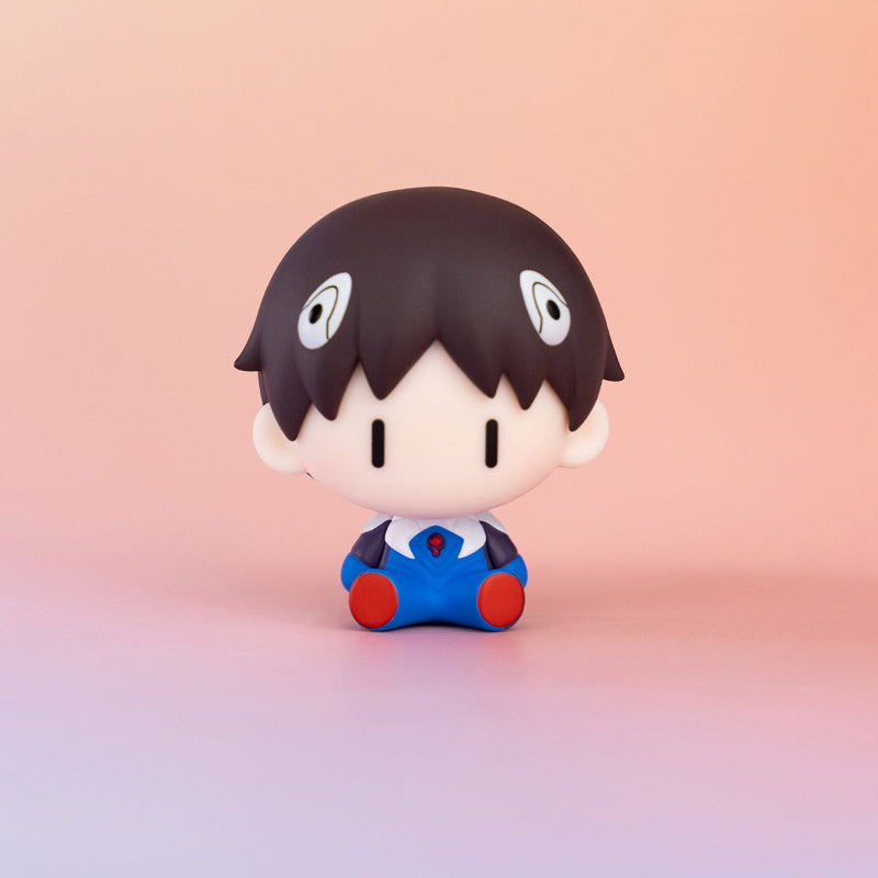 Popmart Evangelion Super Mini Figure Blind Box, this image is displaying the figure you can get from the blind boxes. the background is pink.