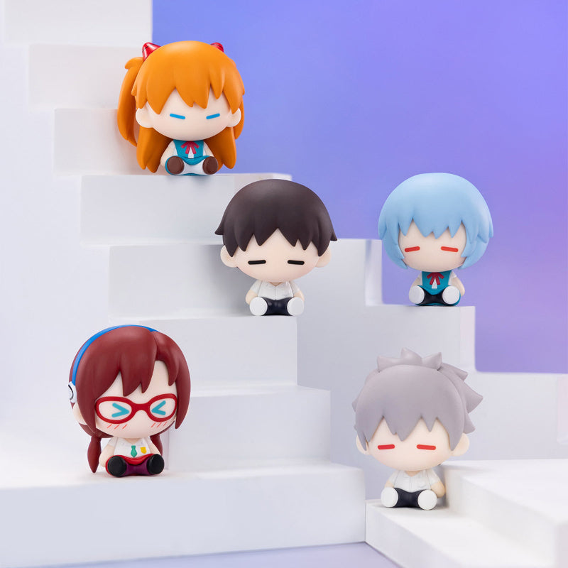 Popmart Evangelion Super Mini Figure Blind Box, this image is displaying the figures you can get from the blind boxes. displayed on a blue background.