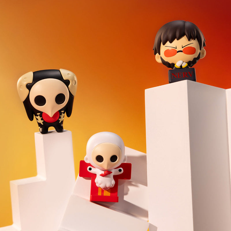 Popmart Evangelion Super Mini Figure Blind Box, this image is displaying the figures you can get from the blind boxes. the background is orange.