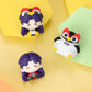 Popmart Evangelion Super Mini Figure Blind Box, this image is displaying the figures you can get from the blind boxes. the background is yellow.