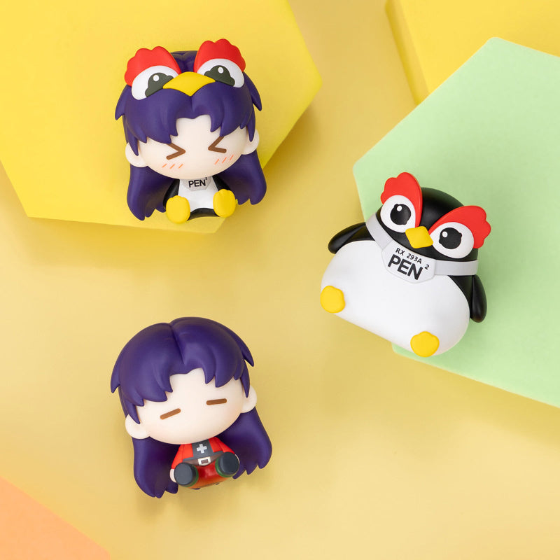 Popmart Evangelion Super Mini Figure Blind Box, this image is displaying the figures you can get from the blind boxes. the background is yellow.