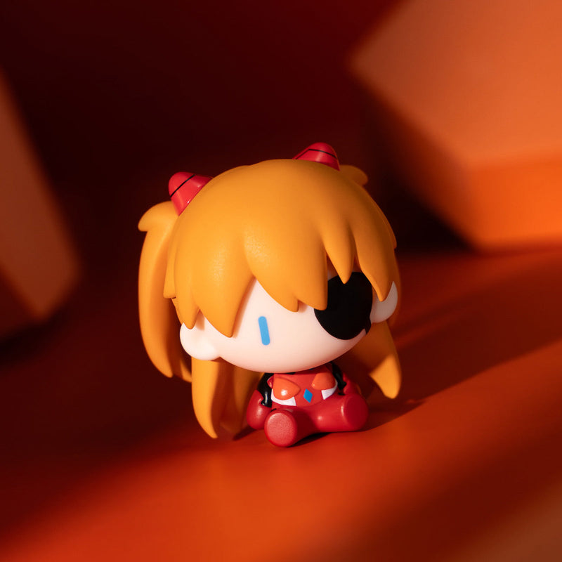 Popmart Evangelion Super Mini Figure Blind Box, this image is displaying the figure you can get from the blind boxes. the background is orange.