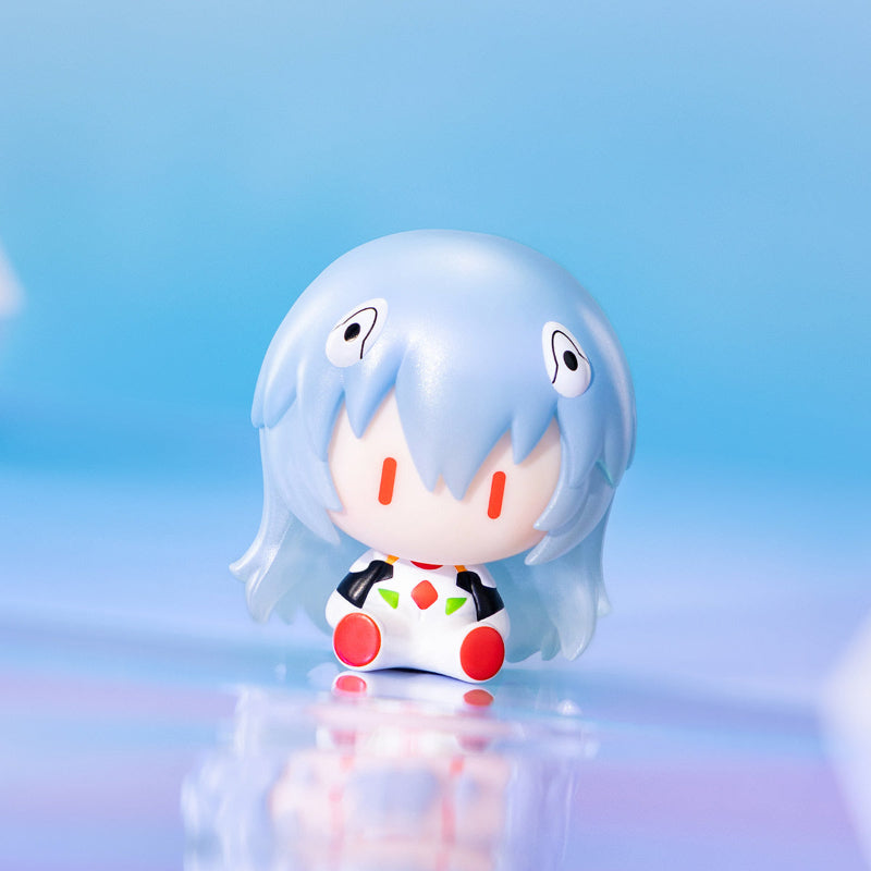 Popmart Evangelion Super Mini Figure Blind Box, this image is displaying the figure you can get from the blind boxes. the background is blue.