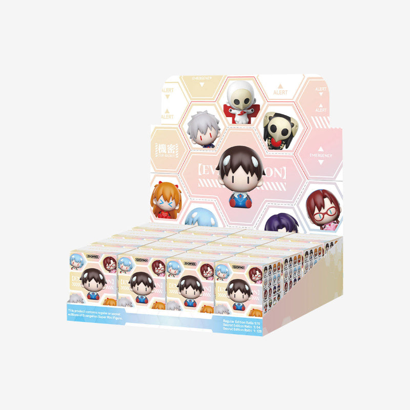 Popmart Evangelion Super Mini Figure Blind Box, this image is displaying the boxes that the figures come in , they are in a tray on a white background