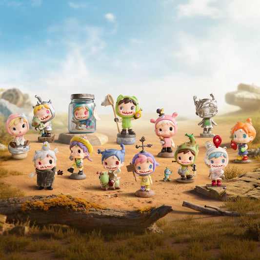 POPMART Polar-Season 2 <Hidden Forest Path> Series Figures Blind Box shows all the cute characters in a desert landscape with a clear blue sky.