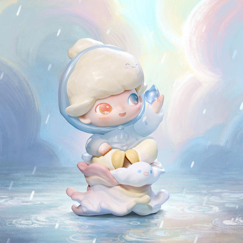 DIMOO Memories We Hold, the figure that you can get in blind boxes are displayed on a rainy day background.