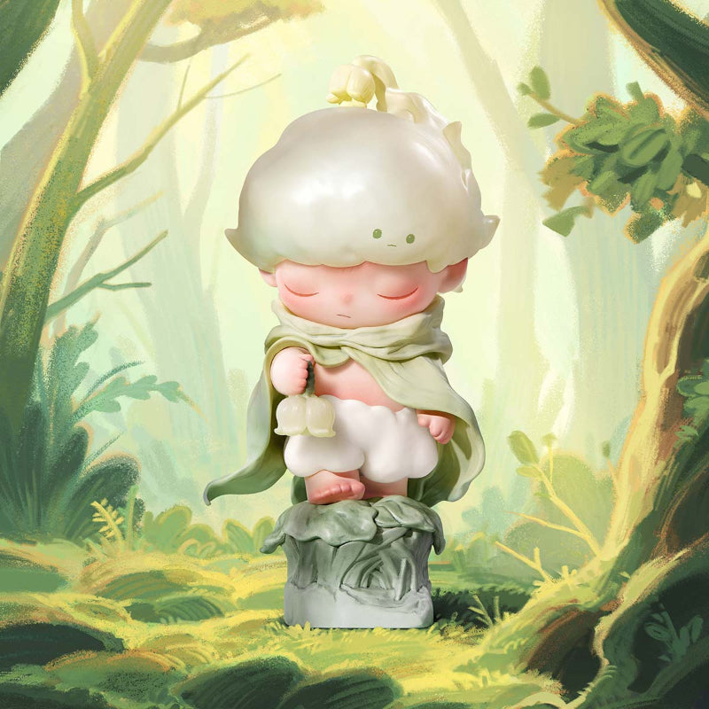 DIMOO Memories We Hold, the figure that you can get in blind boxes are displayed on a forest background
