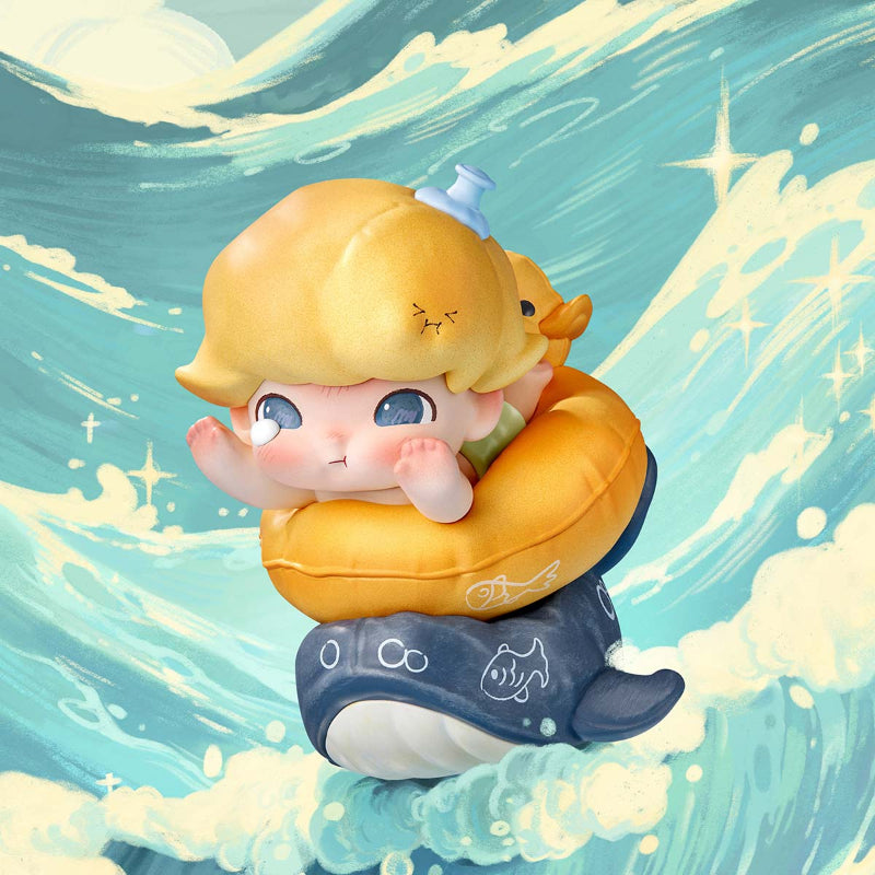 DIMOO Memories We Hold, the figure that you can get in blind boxes are displayed on a ocean background.