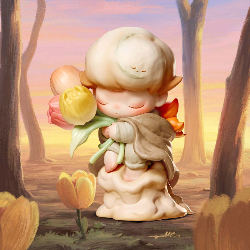 DIMOO Memories We Hold, the figure that you can get in blind boxes are displayed in a woodland background