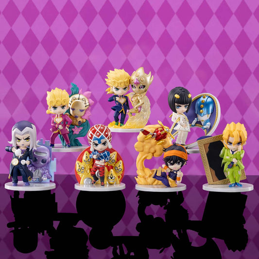 POPMART JoJo's Bizarre Adventure Golden Wind Series Figures Blind Box, this picture is showing all the figures you can get within the blind box series, this is displayed on a purple background.