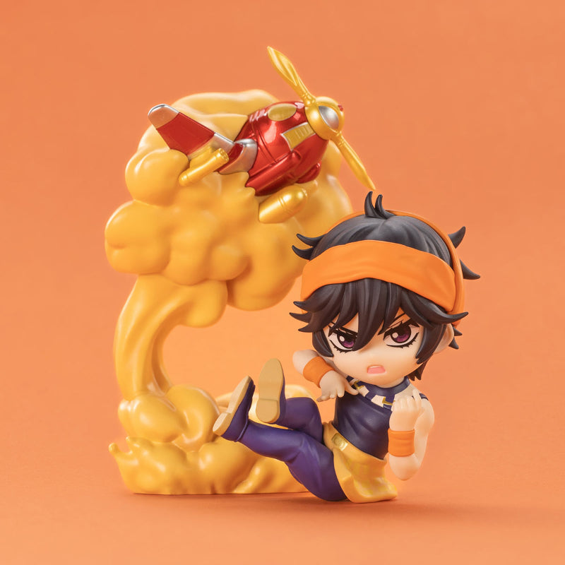 POPMART JoJo's Bizarre Adventure Golden Wind Series Figures Blind Box, this picture is showing one of the figures you can get within the blind box series, this is displayed on a orange background.