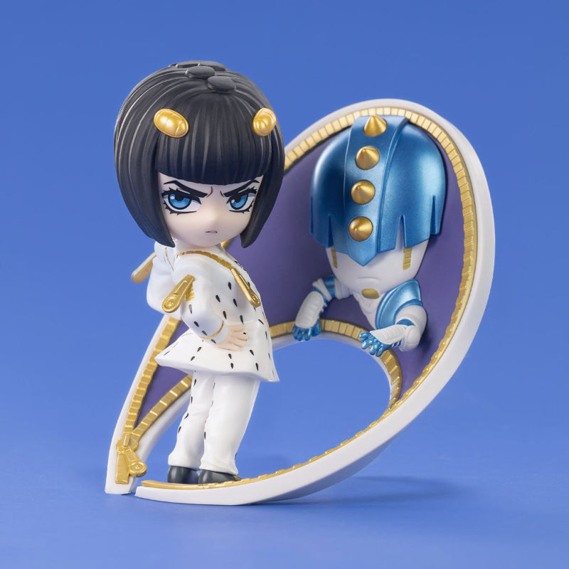 POPMART JoJo's Bizarre Adventure Golden Wind Series Figures Blind Box, this picture is showing one of the figures you can get within the blind box series, this is displayed on a blue background.
