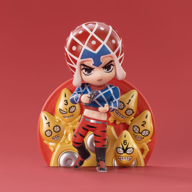 POPMART JoJo's Bizarre Adventure Golden Wind Series Figures Blind Box, this picture is showing one of the figures you can get within the blind box series, this is displayed on a red background.